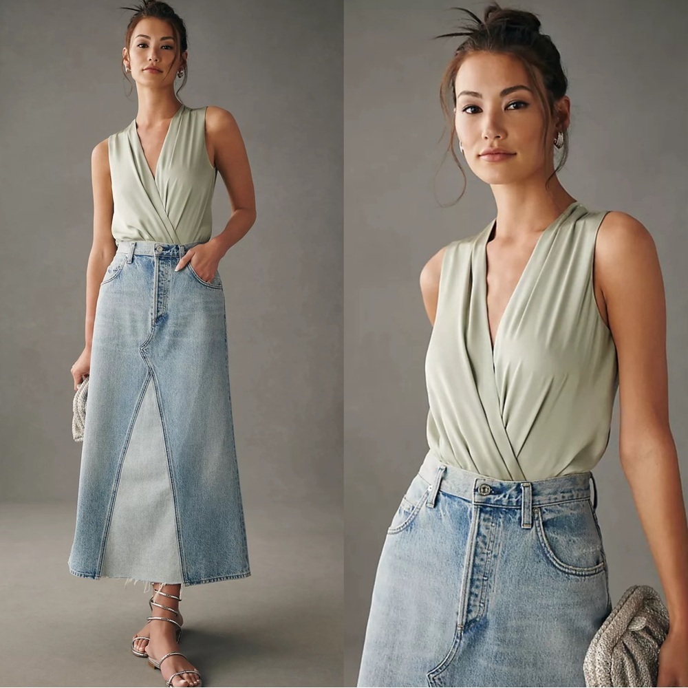 FAVORITE DAUGHTER Date Satin Draped Sleeveless Sage Green Bodysuit Blouse Top